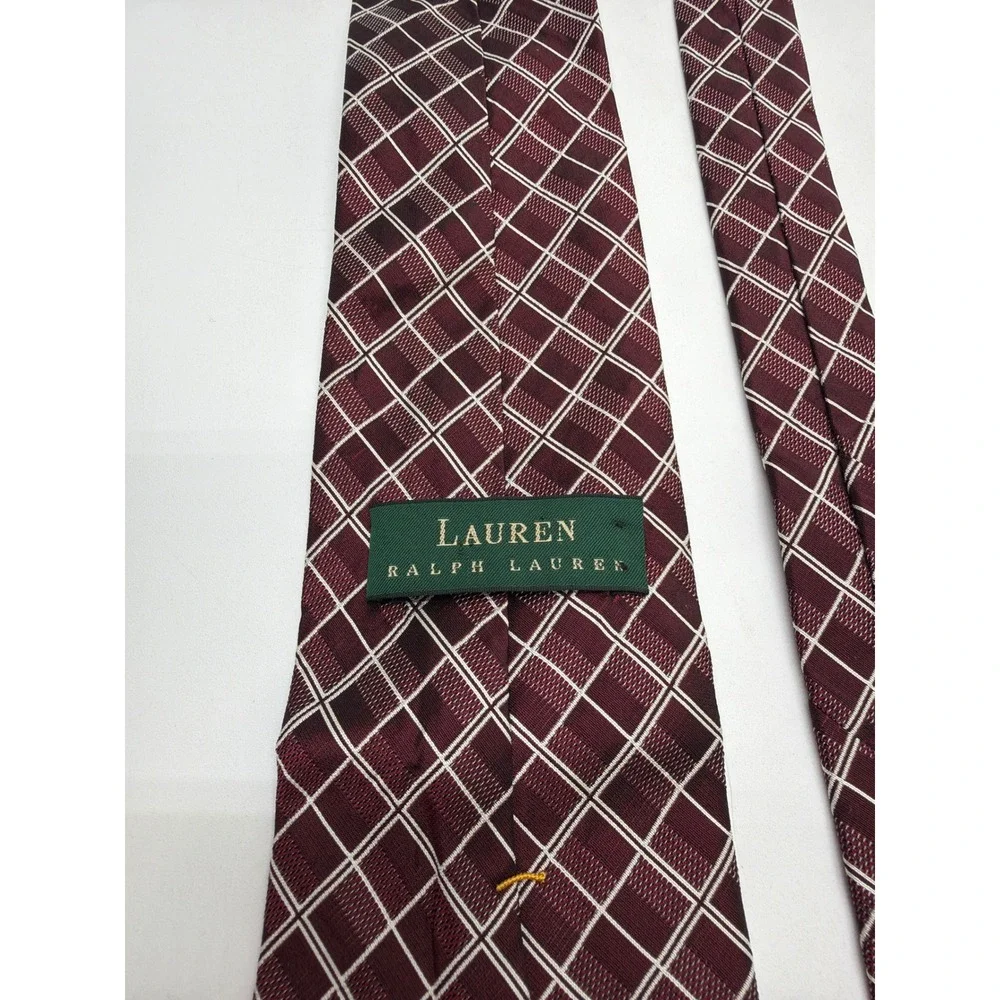 Lauren Ralph Lauren Mens Burgundy White Grid Silk Necktie Made in USA RN41381